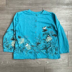 00s Teal Bird Floral Nature Print Grandma Cardigan Artisans Inc Size L